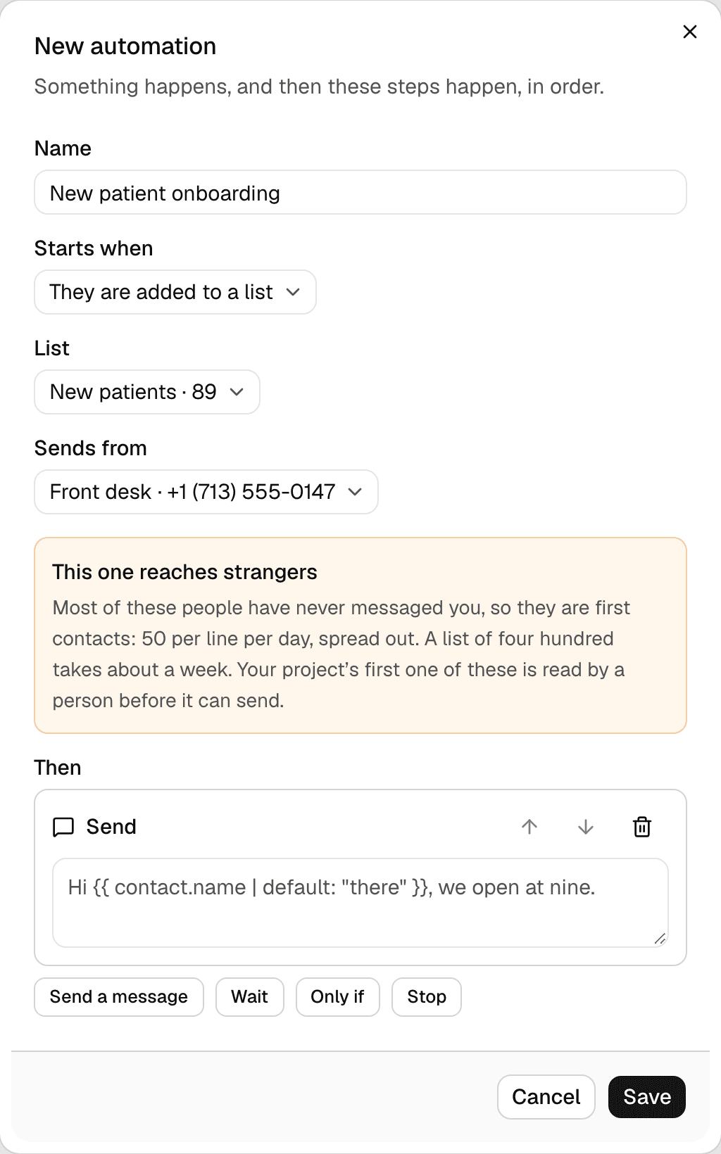 The New automation dialog with a name, a trigger of They are added to a list, the list picked, and the number it sends from.