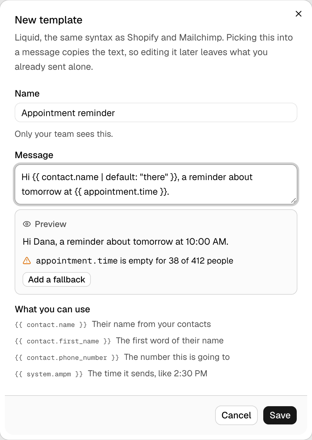 The New template dialog showing the message with Liquid variables, a rendered preview reading Hi Dana, and a warning that appointment.time is empty for 38 of 412 people.